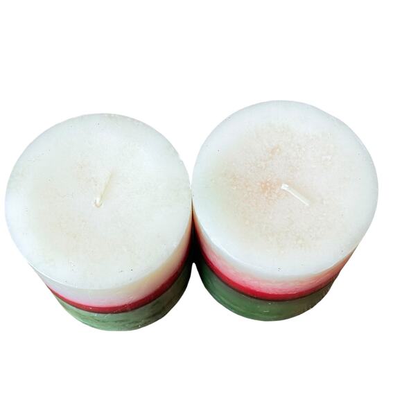 Pier 1 Holiday Candles Pair Pillar Striped Green White Red Evergreen Christmas - Picture 7 of 13